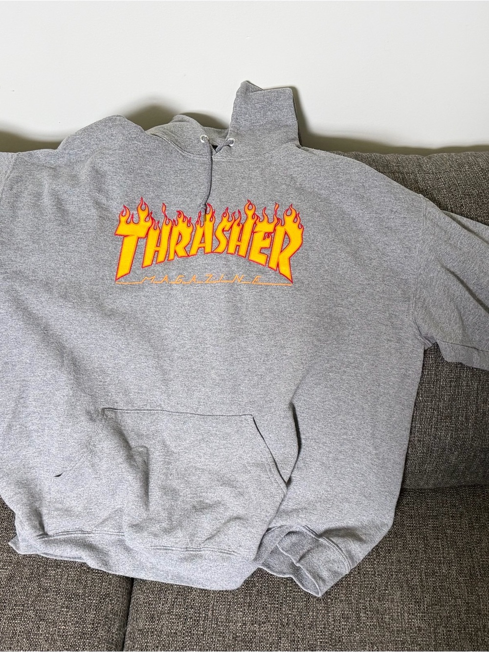 Thrasher Grey Hoodie with Yellow and Orange Flame Logo